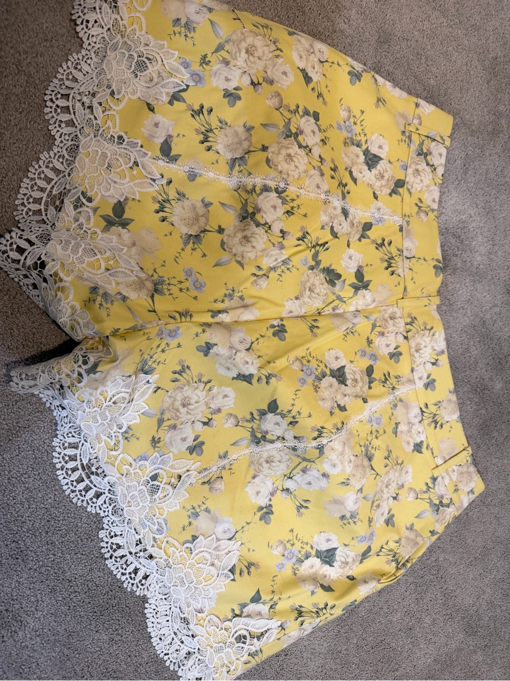 Yellow Floral Lace-Trim Skort with Scalloped Hem Detail